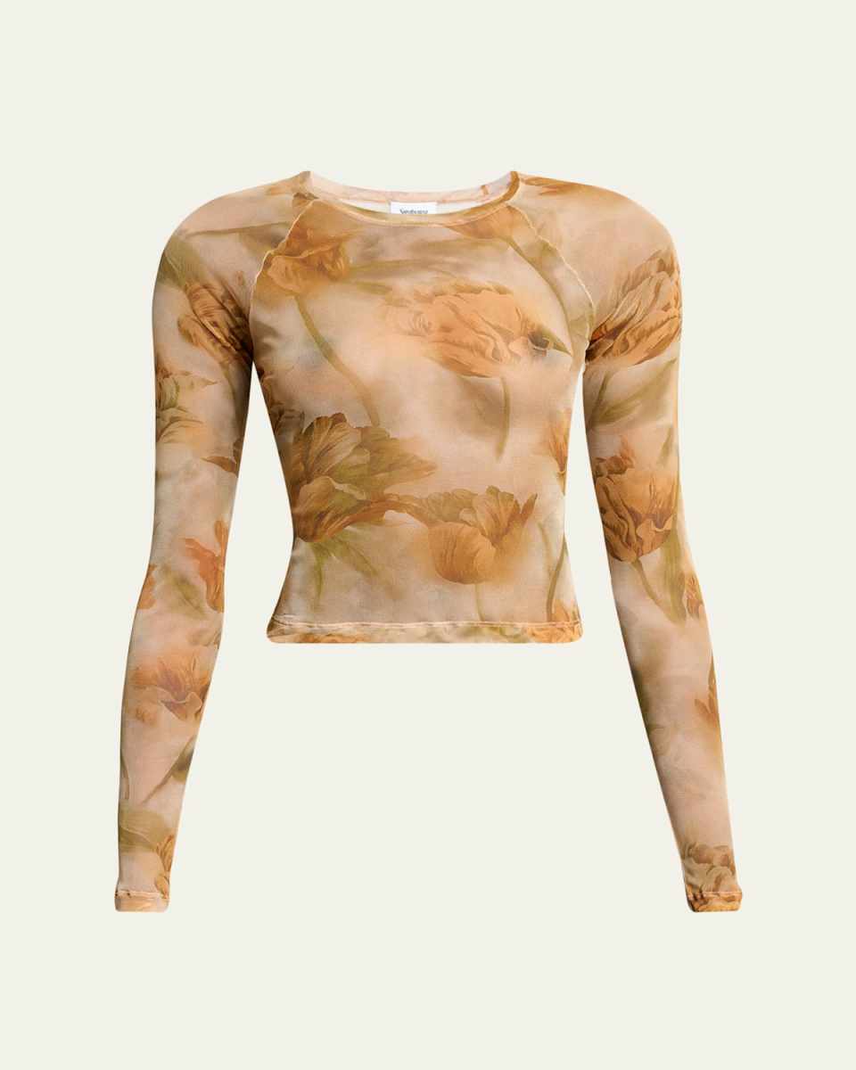 Floral-Print Mesh Long-Sleeve Top